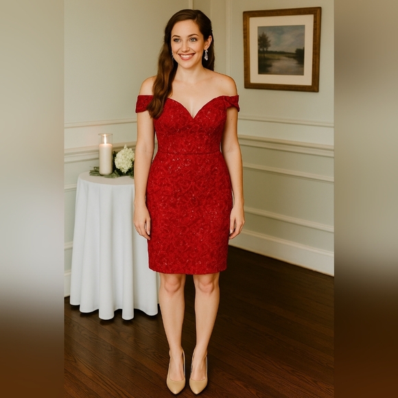 B. Smart Scarlet Lace Off-Shoulder Midi Dress Sweatheart Cocktail Sequin Party - Picture 1 of 7
